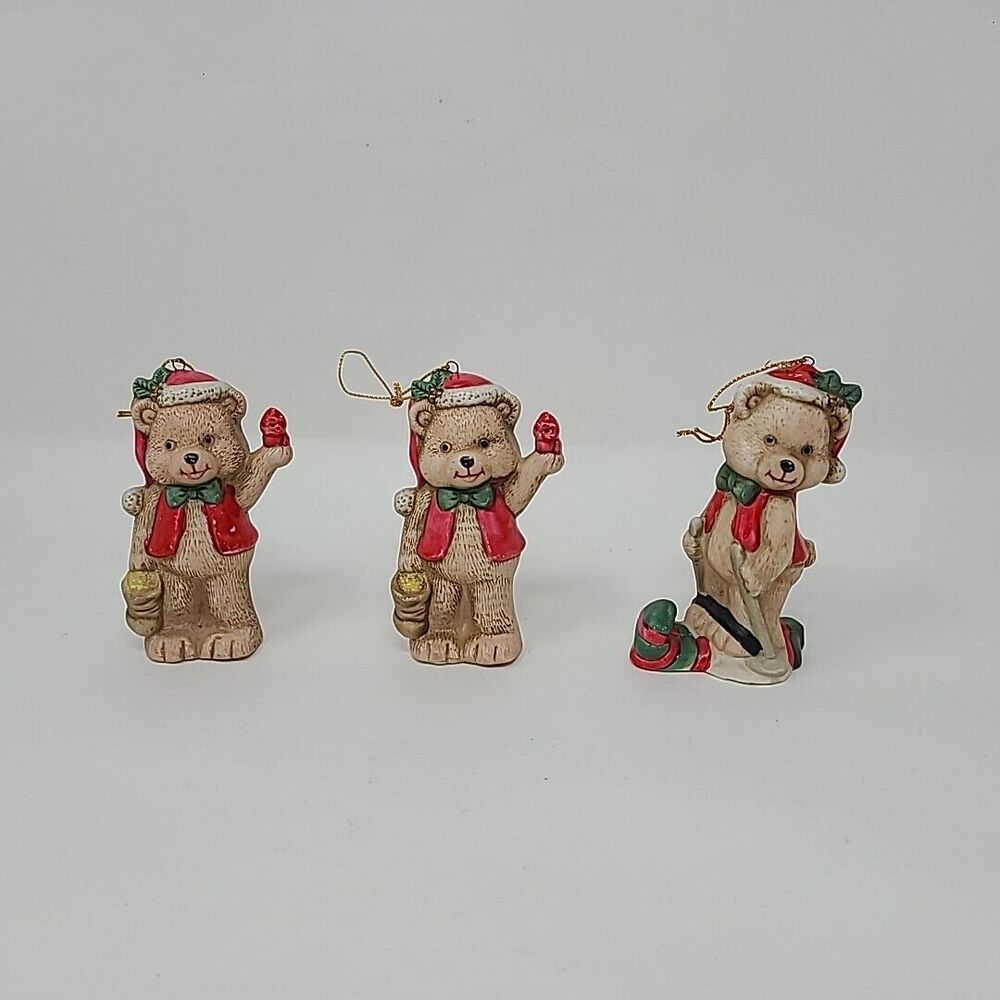 Lot of 3 Ceramic Bear Christmas Ornaments Cardinals Red Green